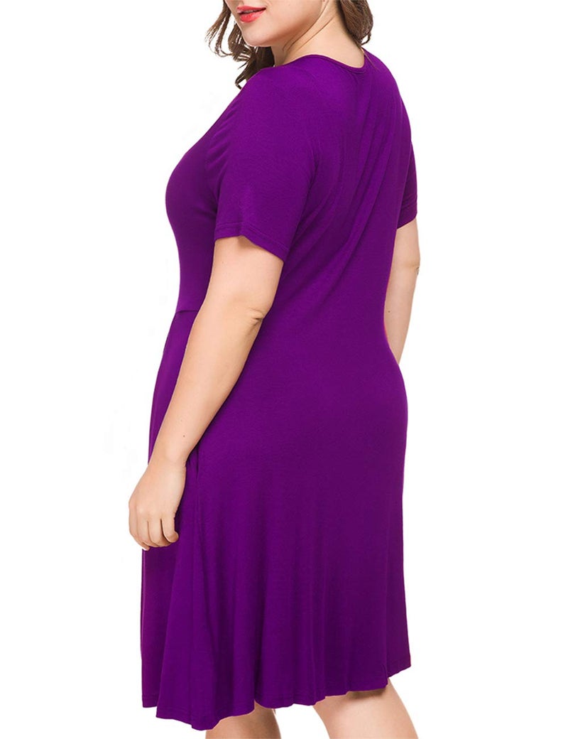 Tralilbee Women's Round Neck Summer Casual Plus Size Midi Dress with Pocket Purple XL - Image 4